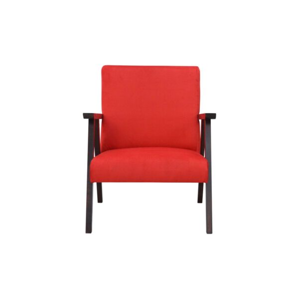 Fotel czerwony nowoczesny do salonu na drewnianych nogach PRL