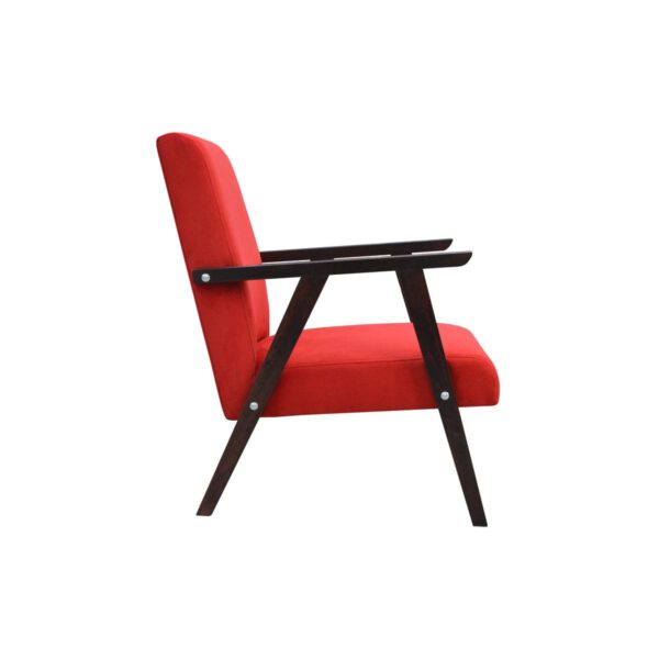 Fotel czerwony nowoczesny na drewnianych nogach PRL