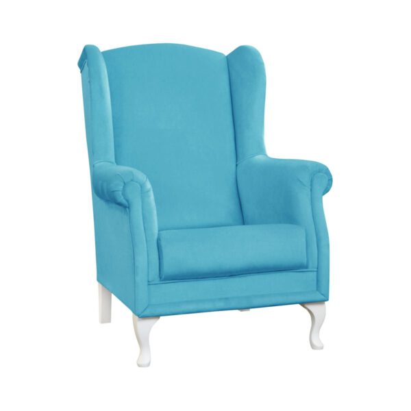 Fotel niebieski welurowy nowoczesny do salonu na drewnianych nogach Uszak Carmen
