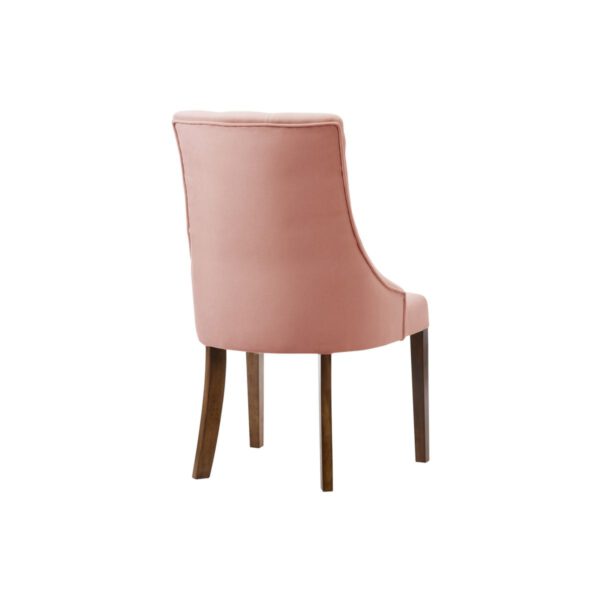 Różowe welurowe krzesło do jadalni na drewnianych nogach Madam Chesterfield