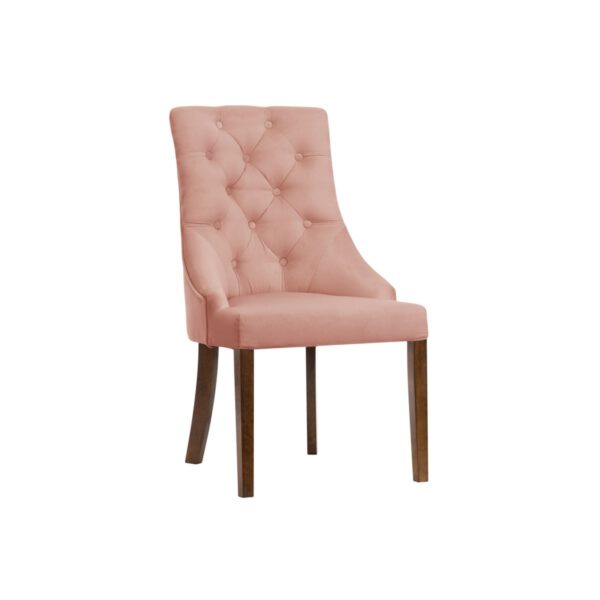Różowe welurowe krzesło tapicerowane do jadalni na drewnianych nogach Madam Chesterfield