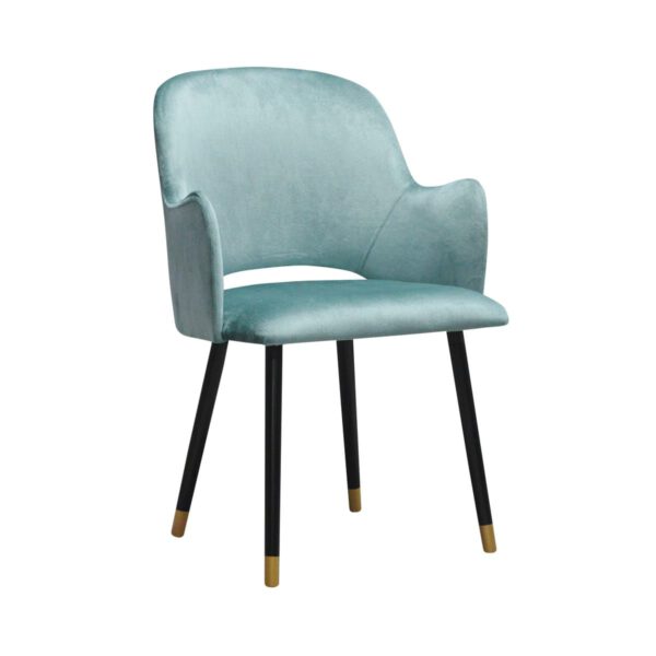 Fotel błękitny welurowy nowoczesny do salonu na drewnianych nogach Nato