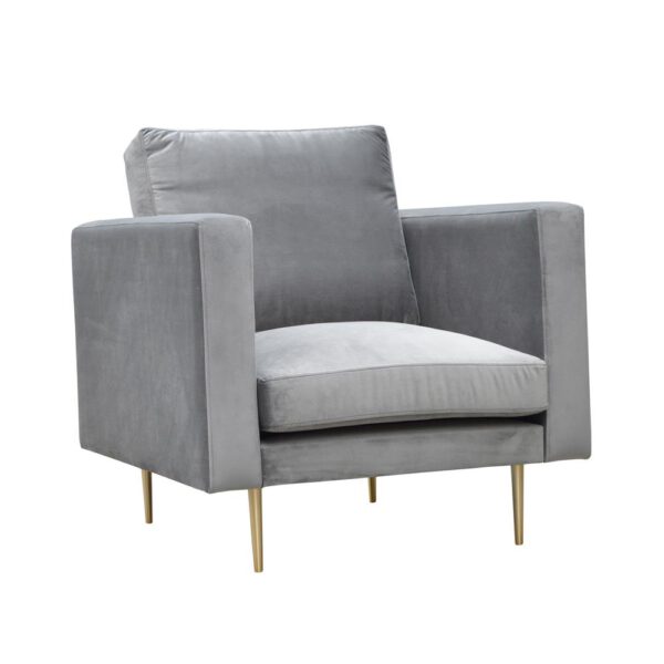 Modern gray velor armchair for the living room on golden legs Cabo