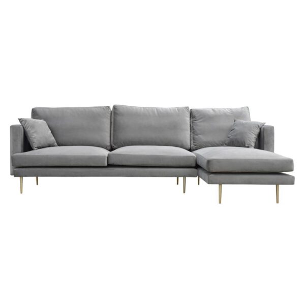 Modern gray velor corner sofa for the living room on golden Cabo legs