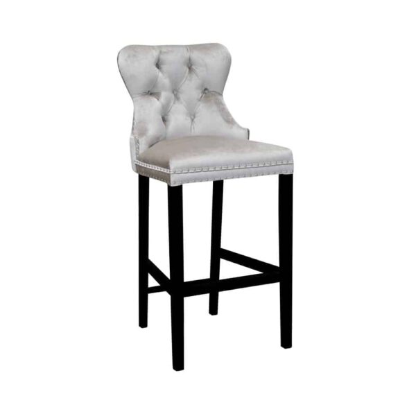 Cassy, upholstered bar stool, grey colour, black wooden legs, Chesterfield Style
