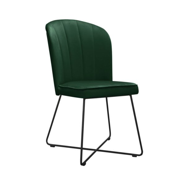 Zielone welurowe krzesło tapicerowane do jadalni na metalowych nogach Matylda Cross