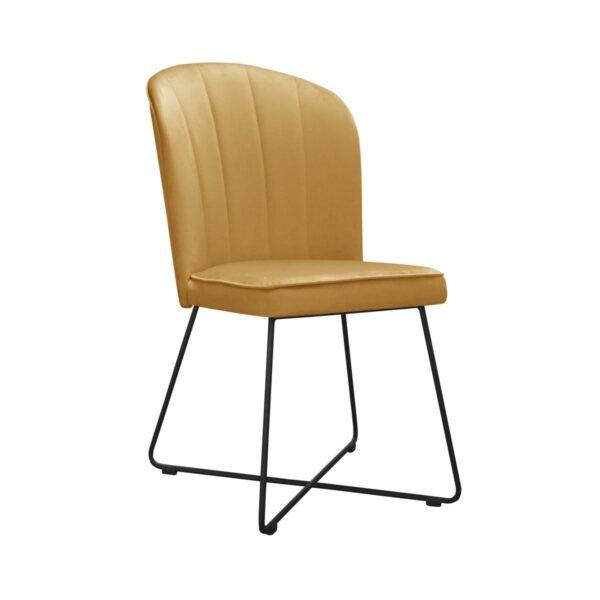 Żółte welurowe krzesło tapicerowane do jadalni na metalowych nogach Matylda Cross