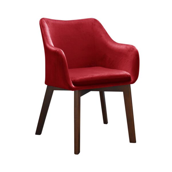 Red velvet upholstered armchair for the living room on wooden legs Chris