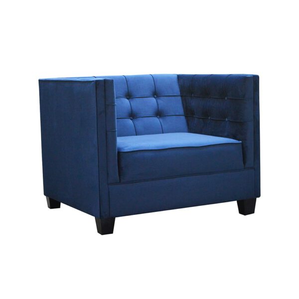 Modern navy blue velor armchair for the living room on wooden legs Rosso