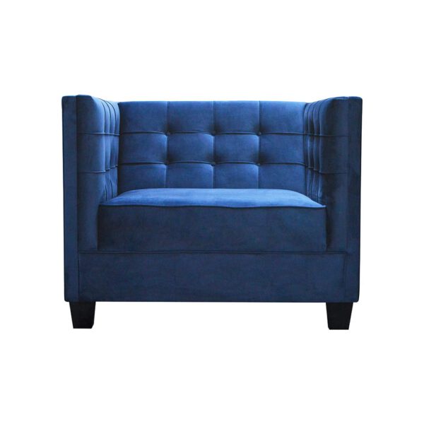 Modern navy blue velor armchair for the living room on wooden legs Rosso