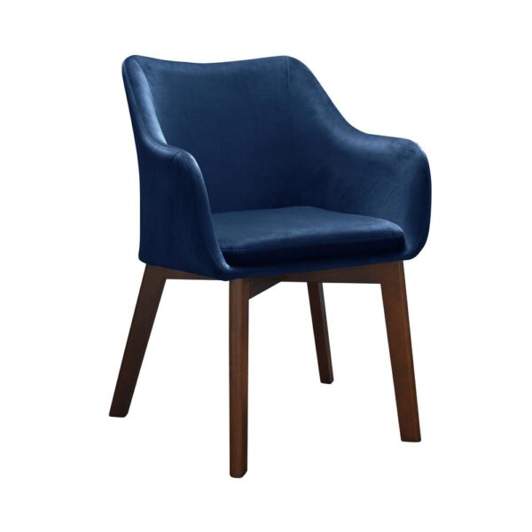 A navy blue velor upholstered armchair for the living room on wooden legs Chris