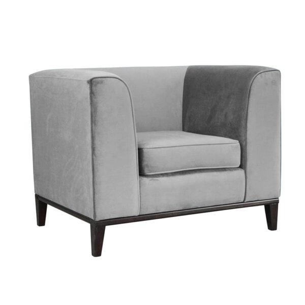 Modern gray velor armchair for the living room on wooden legs Margo