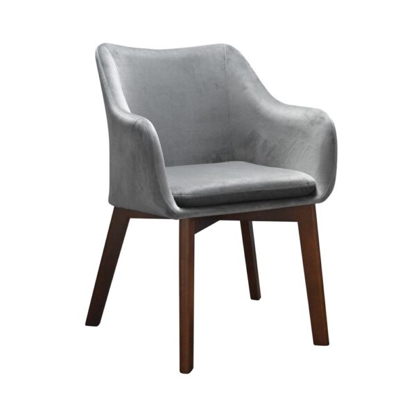 Upholstered gray velor armchair for the living room on wooden legs Chris