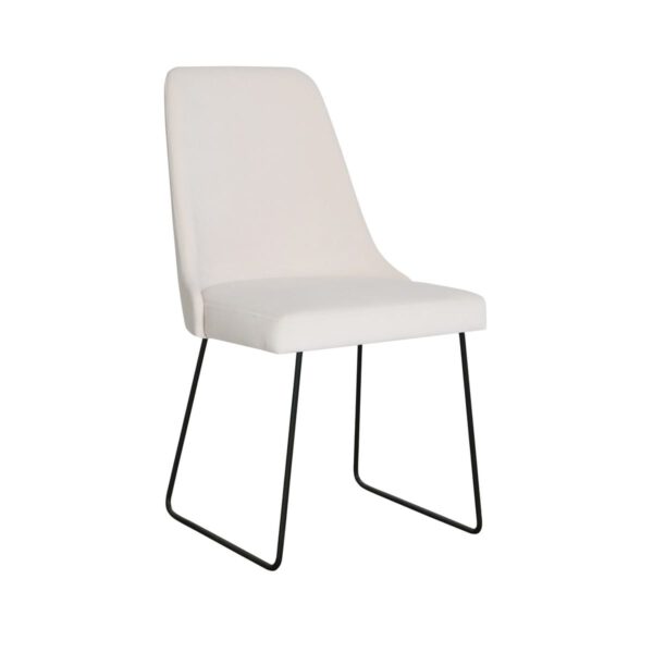 Beige velor upholstered dining chair on metal legs