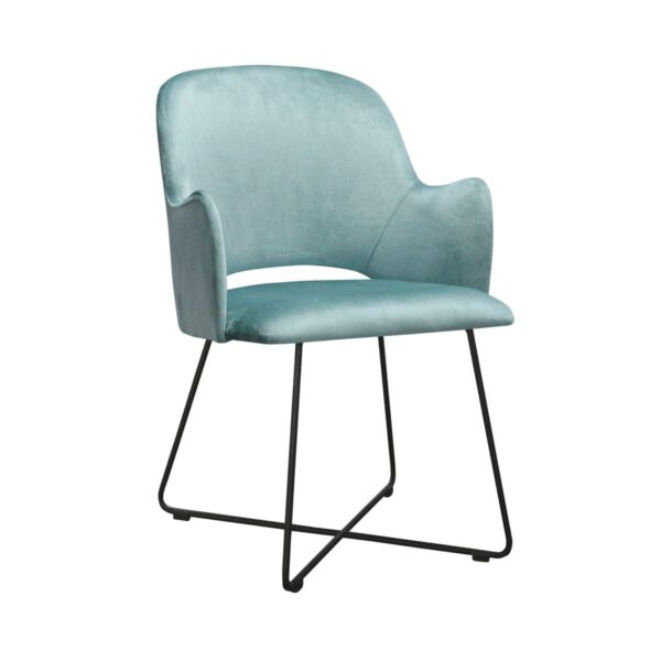 Modern blue velor armchair for the living room on Nato Cross metal legs