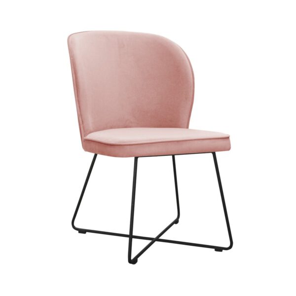 Light pink velor upholstered dining chair on Neve Cross metal legs