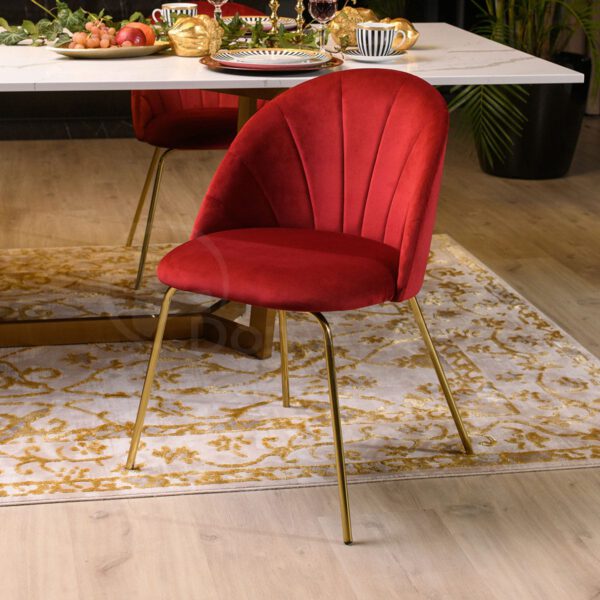 Red velor chair on golden metal legs for Ariana Ideal Gold dining room