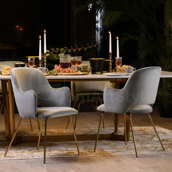 Gray velor armchairs on Nato Ideal Gold gold legs