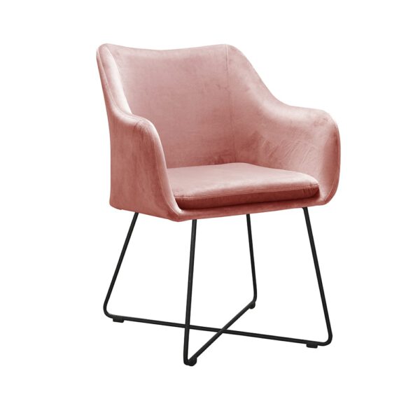 Pink velvet upholstered armchair for the living room on metal legs Chris