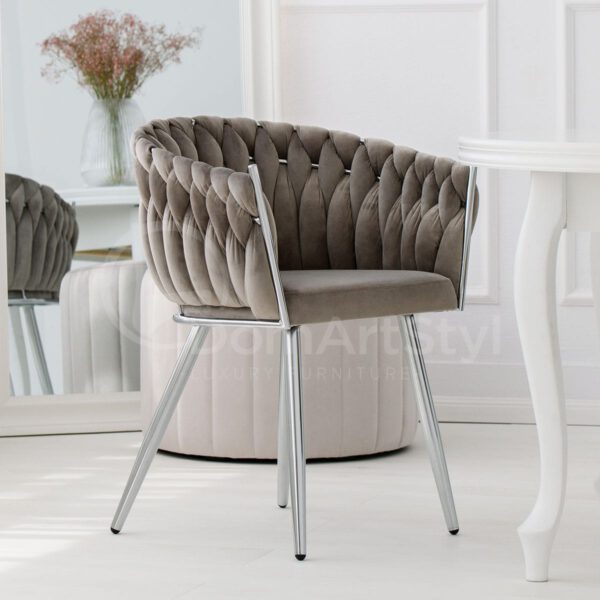 Modern gray velor armchair interspersed with Larissa Silver metal legs