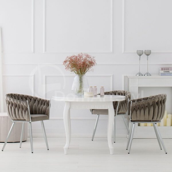 Gray dining chairs on Larissa Silver glamor metal legs