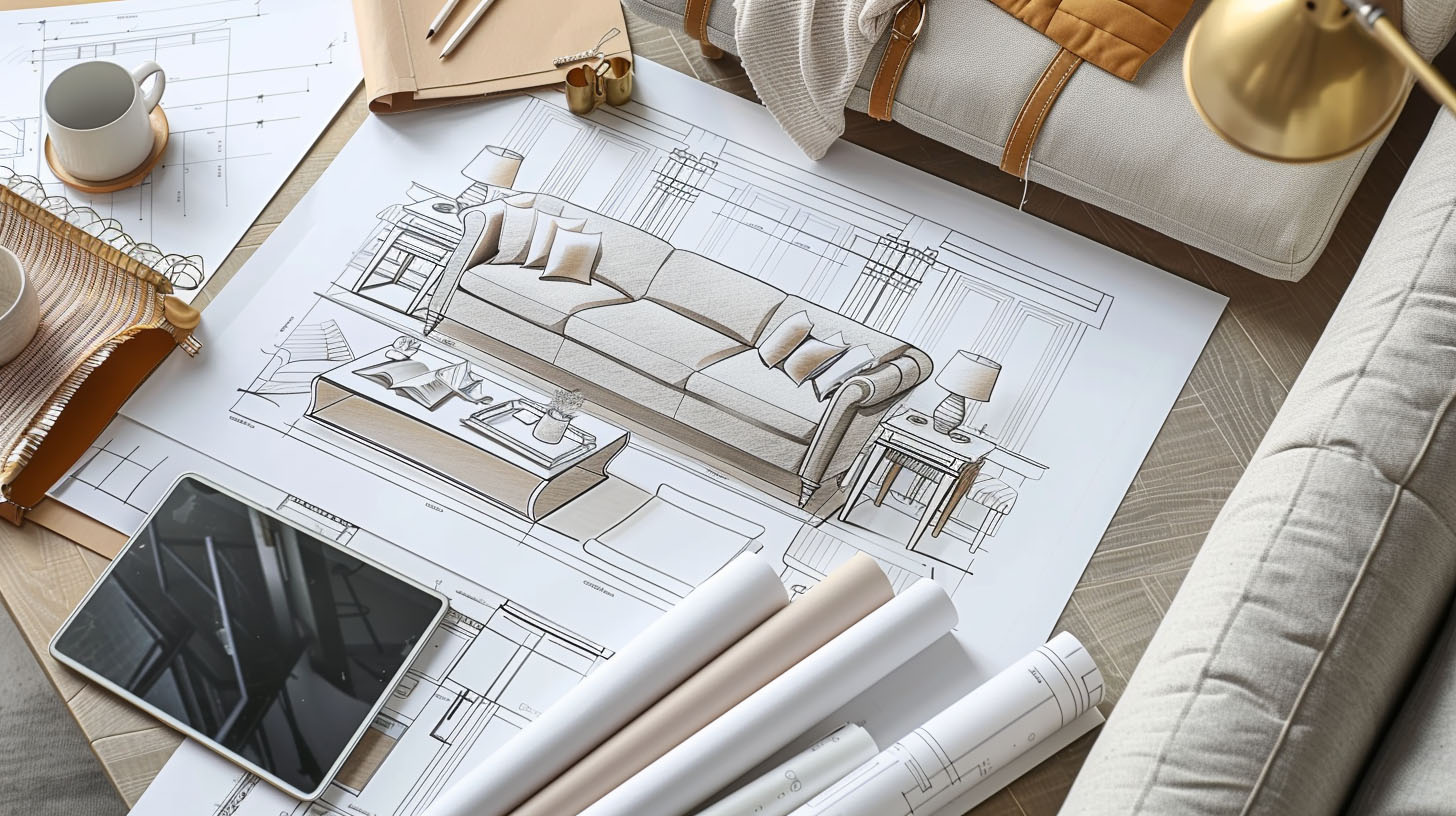 Biurko architekta wnętrz w stylu glamour z projektami mebli tapicerowanych - szkice sofy, próbki tkanin, elegancka aranżacja w dziennym świetle
