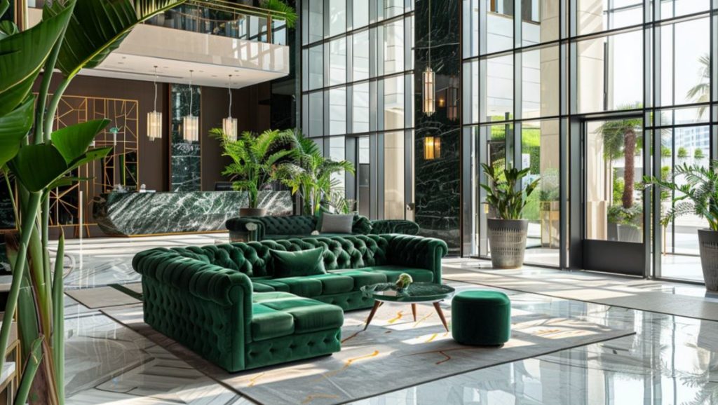 Nowoczesna ciemno zielona sofa w stylu chesterfield i pufa w poczekalni, przestrzeni lobby