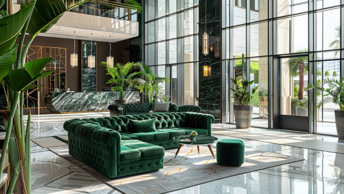 Nowoczesna ciemno zielona sofa w stylu chesterfield i pufa w poczekalni, przestrzeni lobby