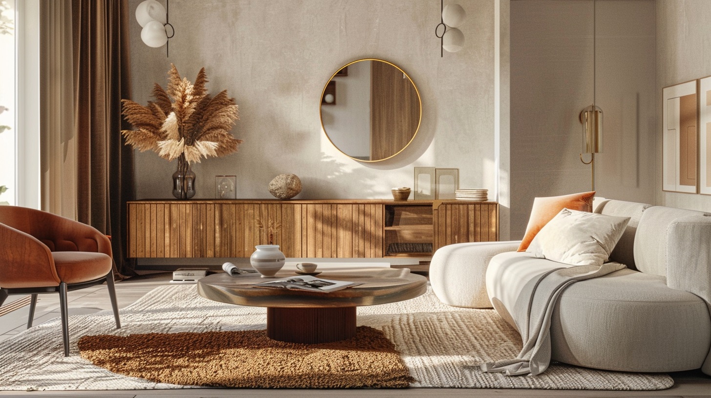elegancki salon w stylu nowoczesnym z boho dywanem, stolikiem kawowym, sofą i fotelem w odcieniach ziemi, lustrem w złotej ramie nad komodą