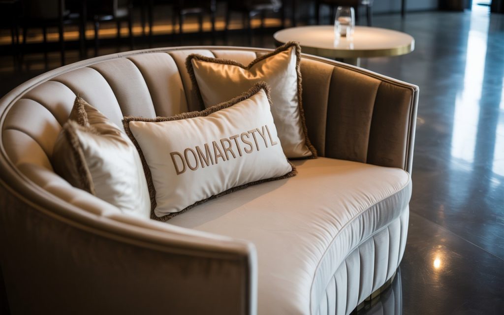 Jasna sofa z poduszką z haftowanym logo w stylowym lobby