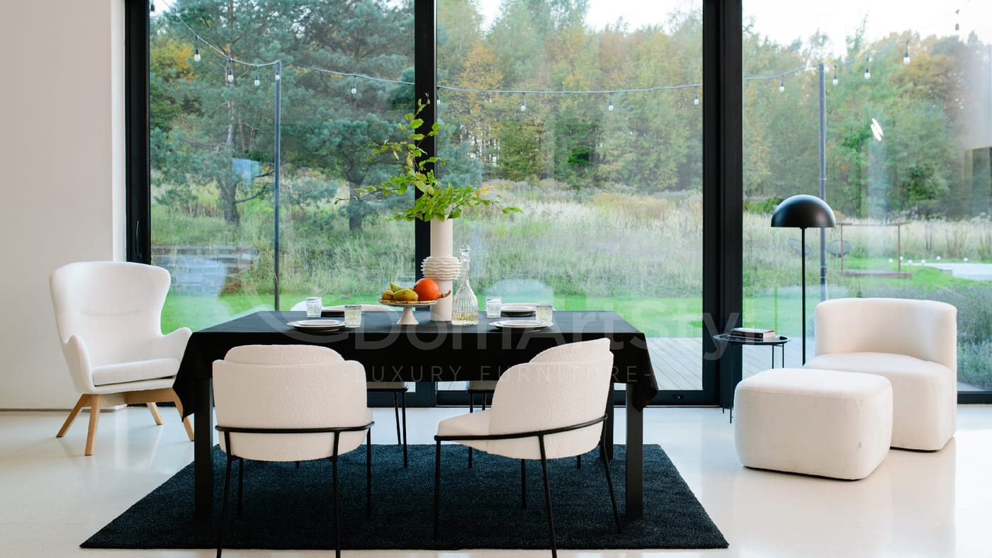 Modern dining room design with white upholstered chairs