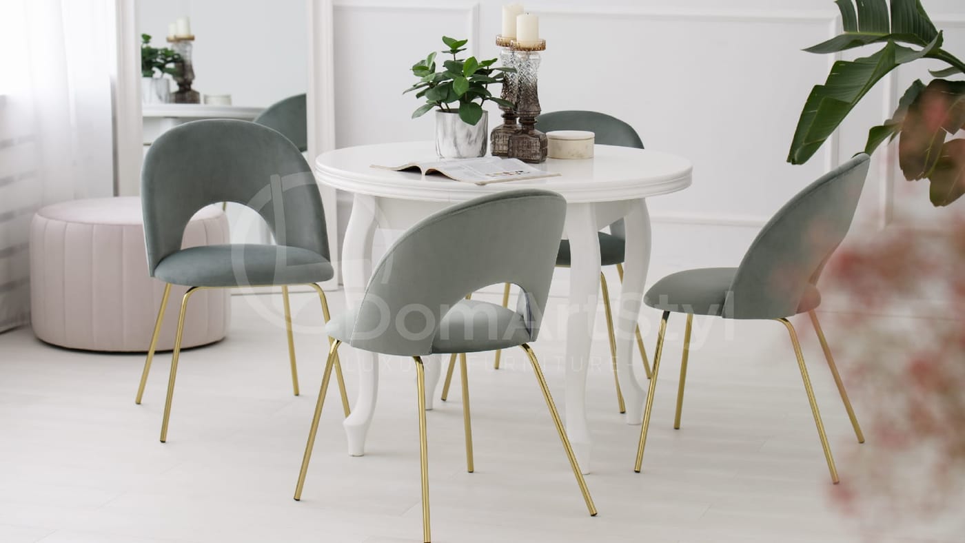 Szare krzesła tapicerowane do jadalni na złotych nogach Abisso Ideal Gold