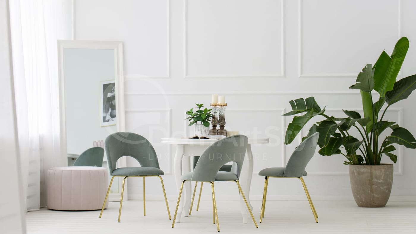Dining room arrangement with Abisso Ideal Gold grey velour chairs