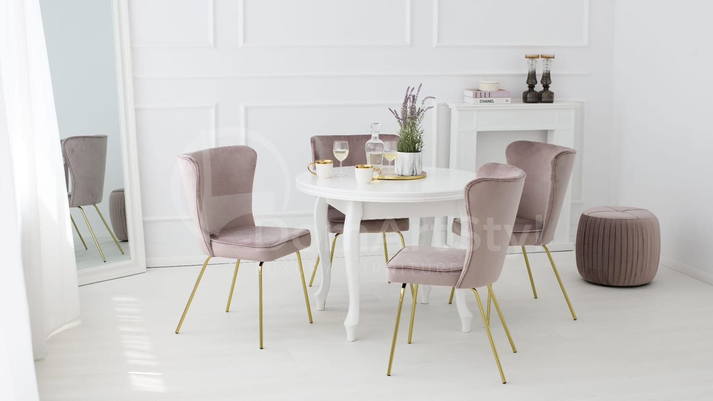 Dining room arrangement with grey upholstered chairs in glamour style