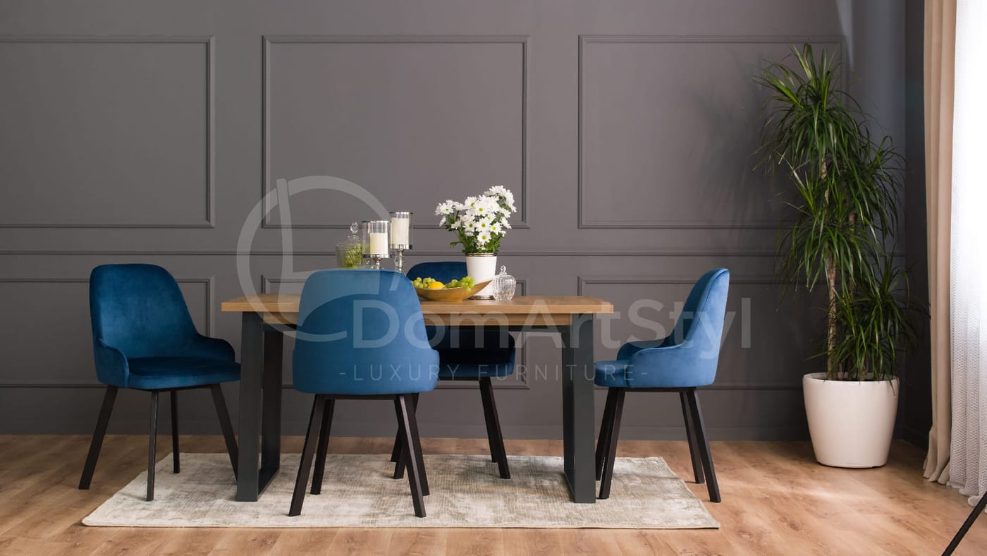 Modern dining room design with blue Andy Spark chairs