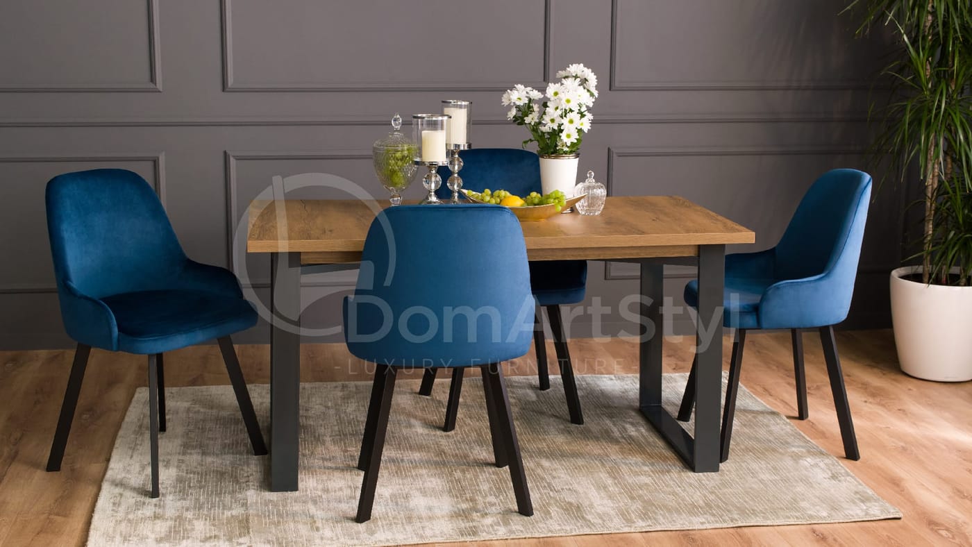 Dining room arrangement with Andy Spark blue velour chairs