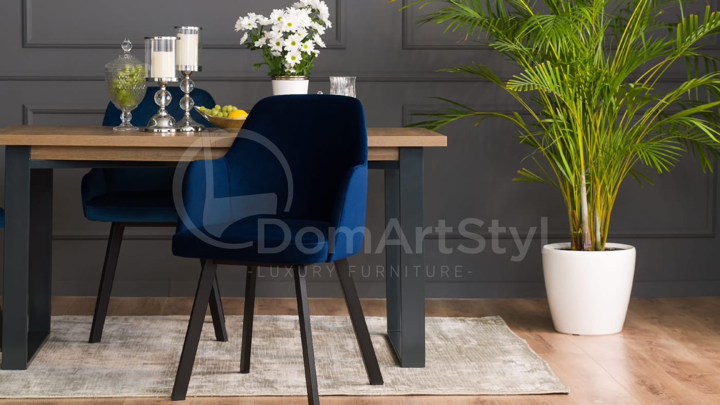 Niebieskie krzesła do jadalni na czarnych metalowych nogach Andy Spark