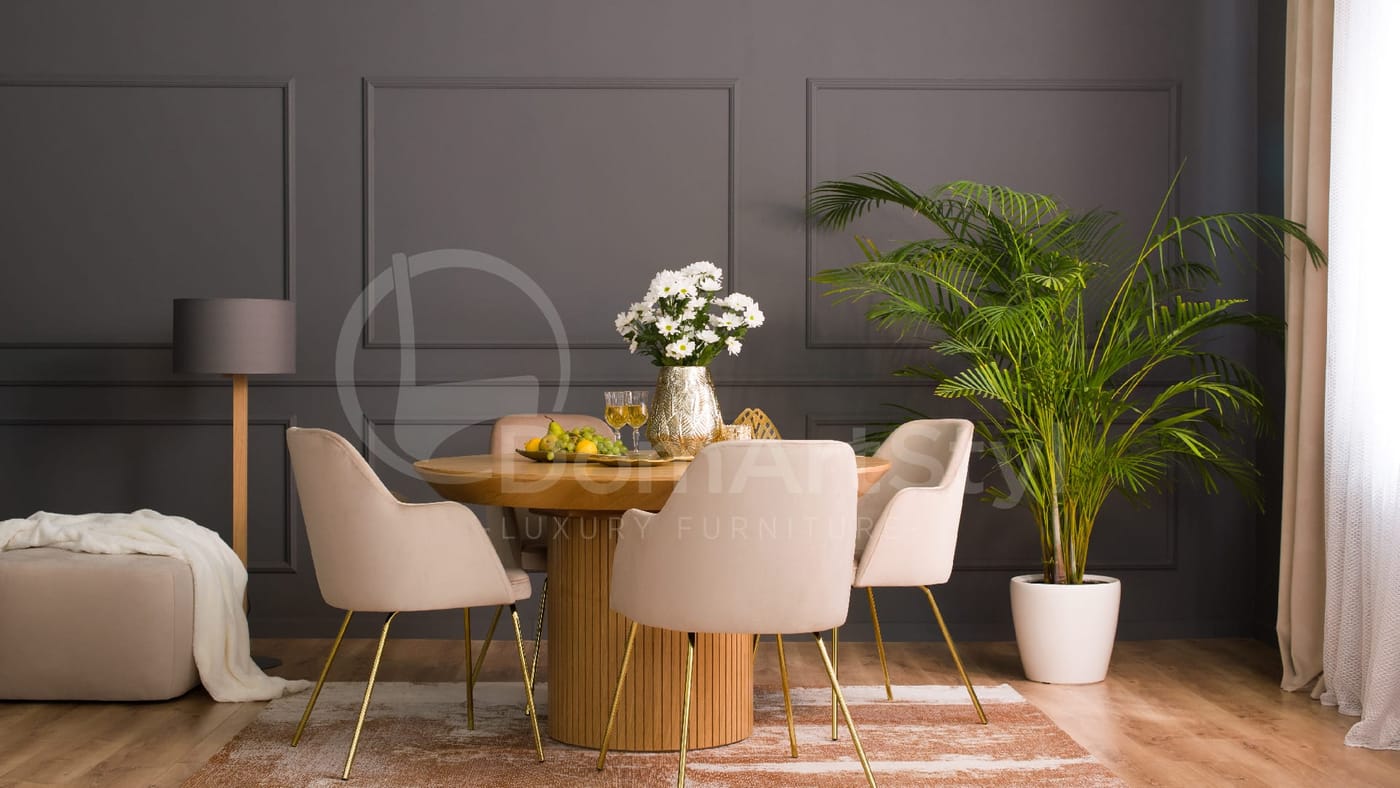 Dining room arrangement with light Caprice Ideal Gold velour armchairs