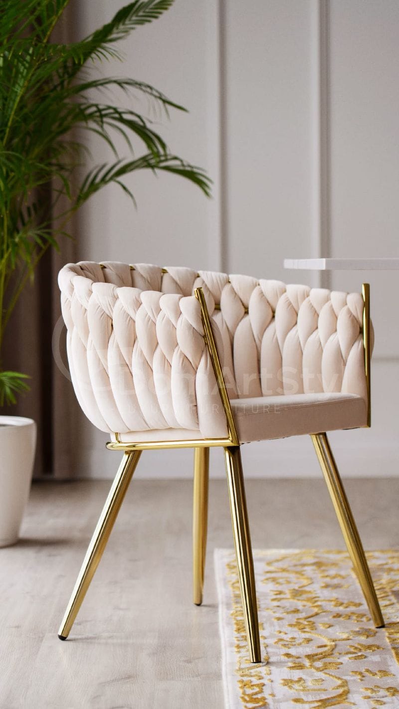 Modern white velour armchair on gold legs Larissa Gold