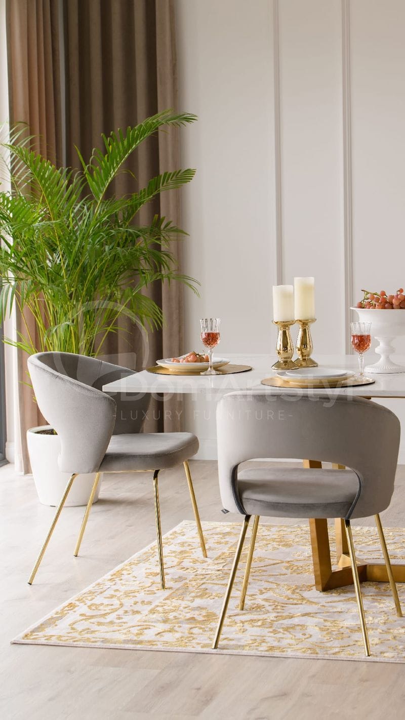 Dining room arrangement with grey velour chairs Boston Ideal Gold