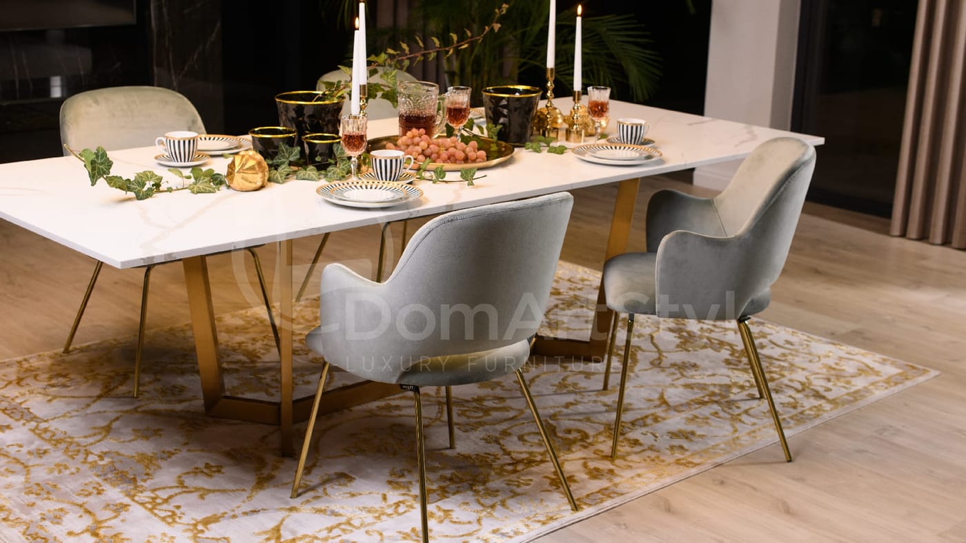Dining room arrangement with grey armchairs on gold legs Barro Ideal Gold