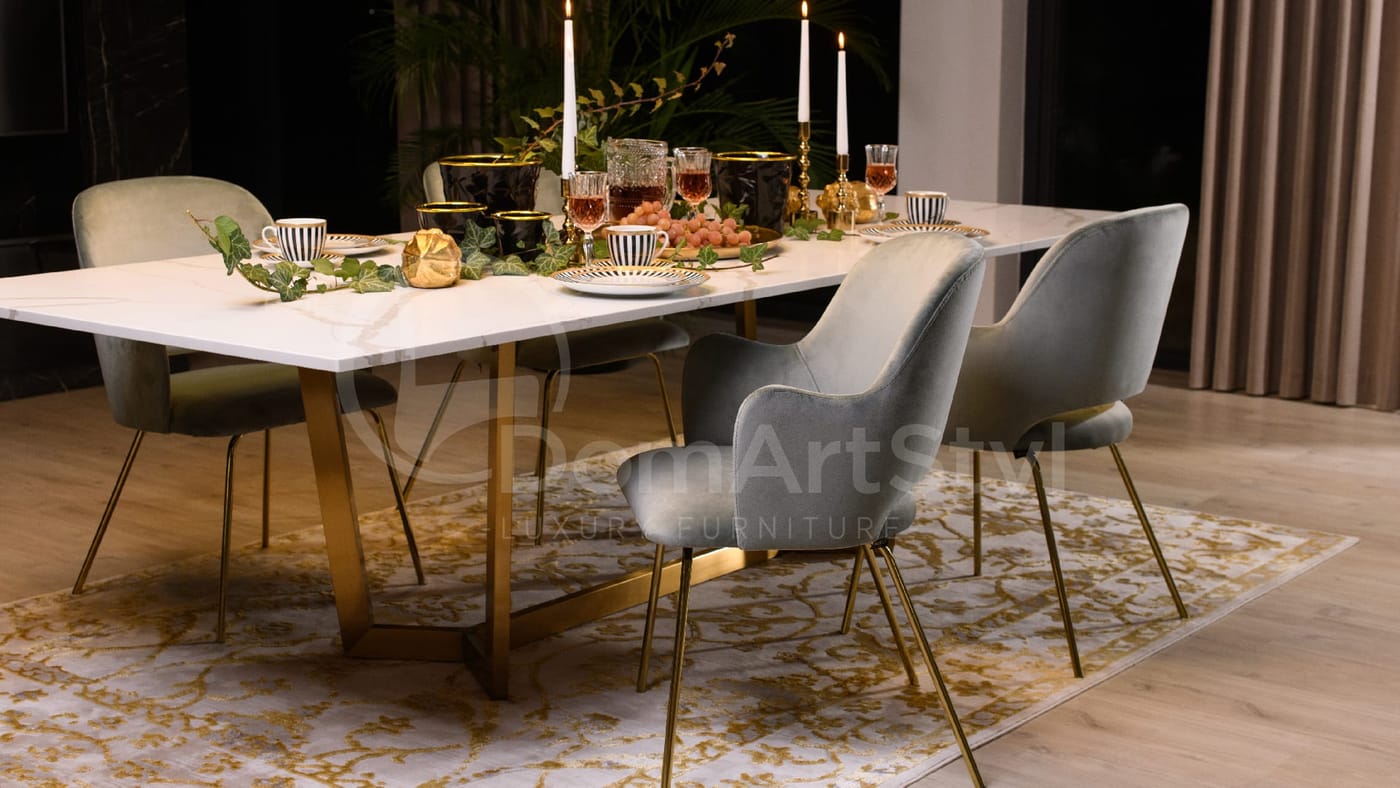 Grey velour upholstered glamour dining armchairs Barro Ideal Gold