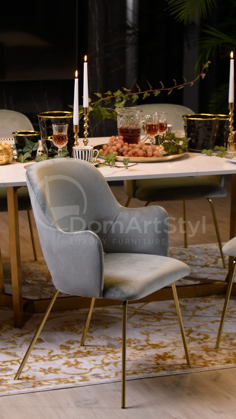 Szary fotel tapicerowany w stylu glamour do jadalni Barro Ideal Gold