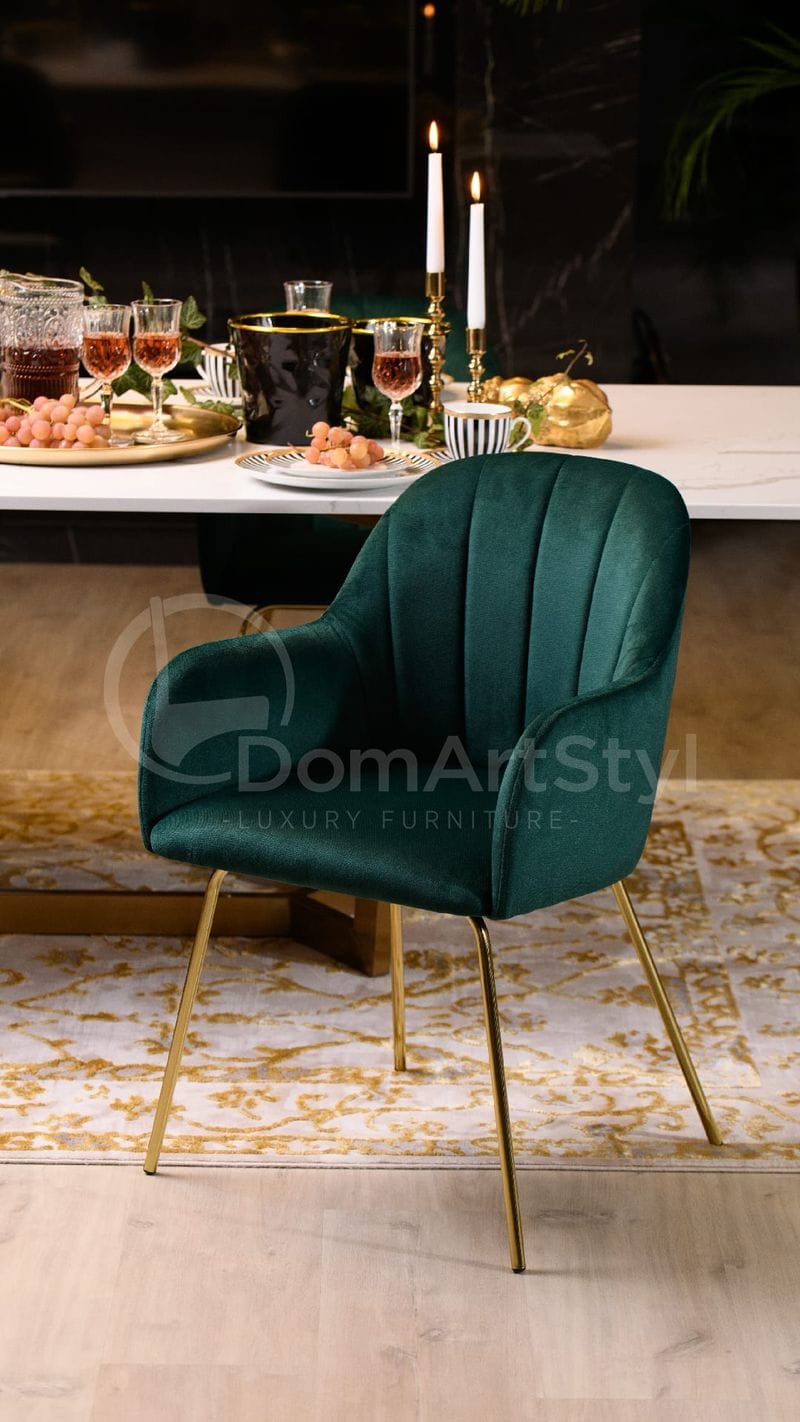 Green velour glamour armchair on golden legs for dining room Ilario Ideal Gold