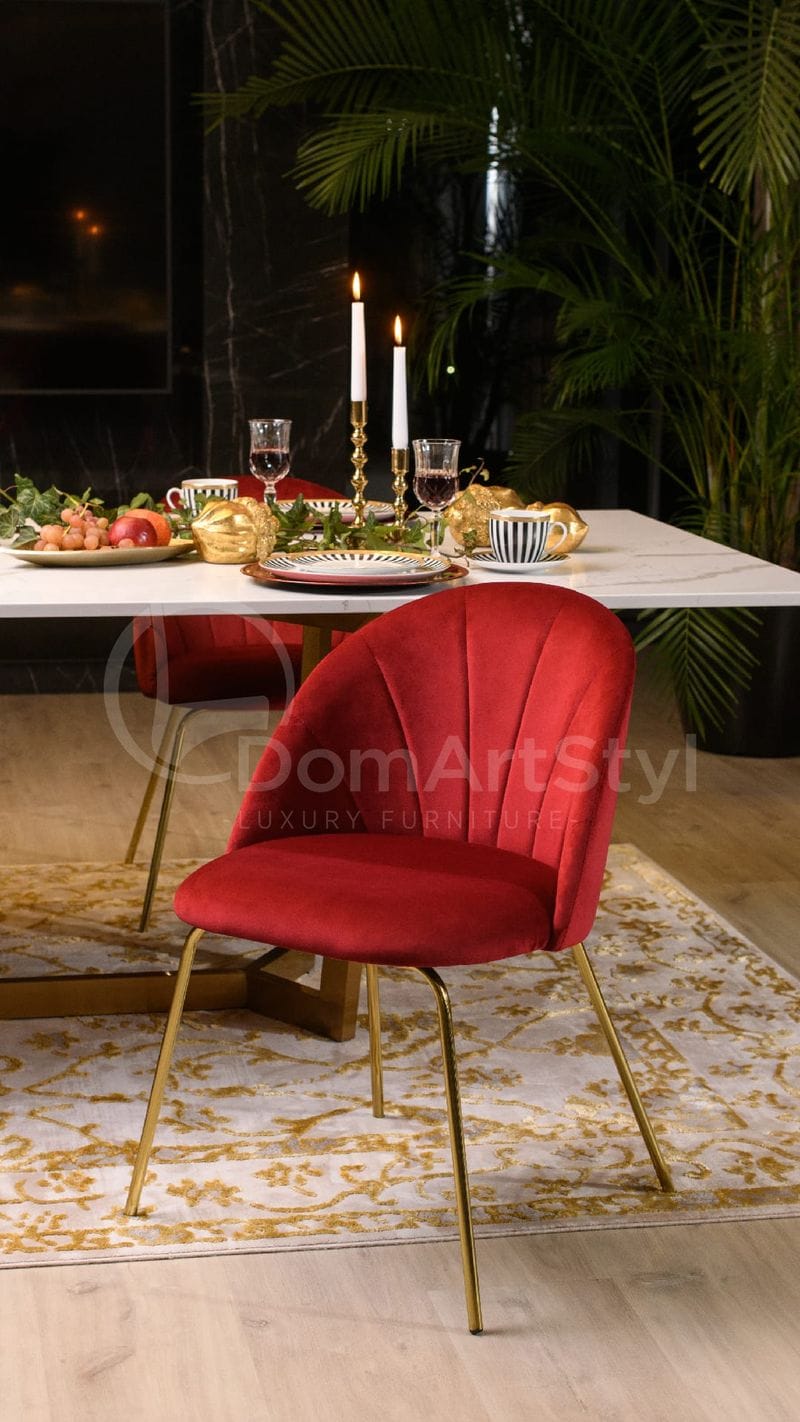 Czerwone krzesło tapicerowane glamour na złotych nogach do jadalni Ariana Ideal Gold