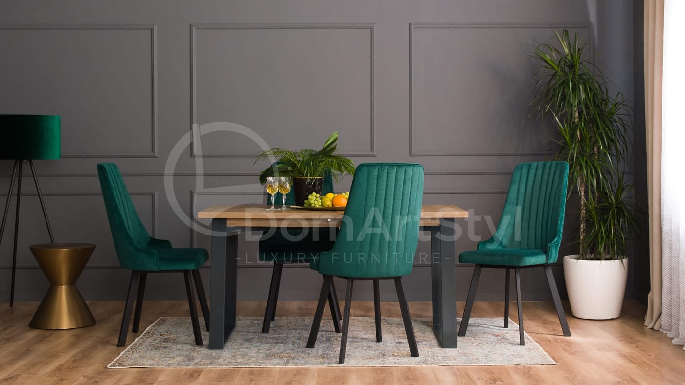 Dining room arrangement with green Cloud Spark upholstered chairs